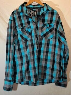 Eighty Eight Button Up Shirt Men's XL Blue/Black Plaid Rocker Grunge Y2K Rodeo